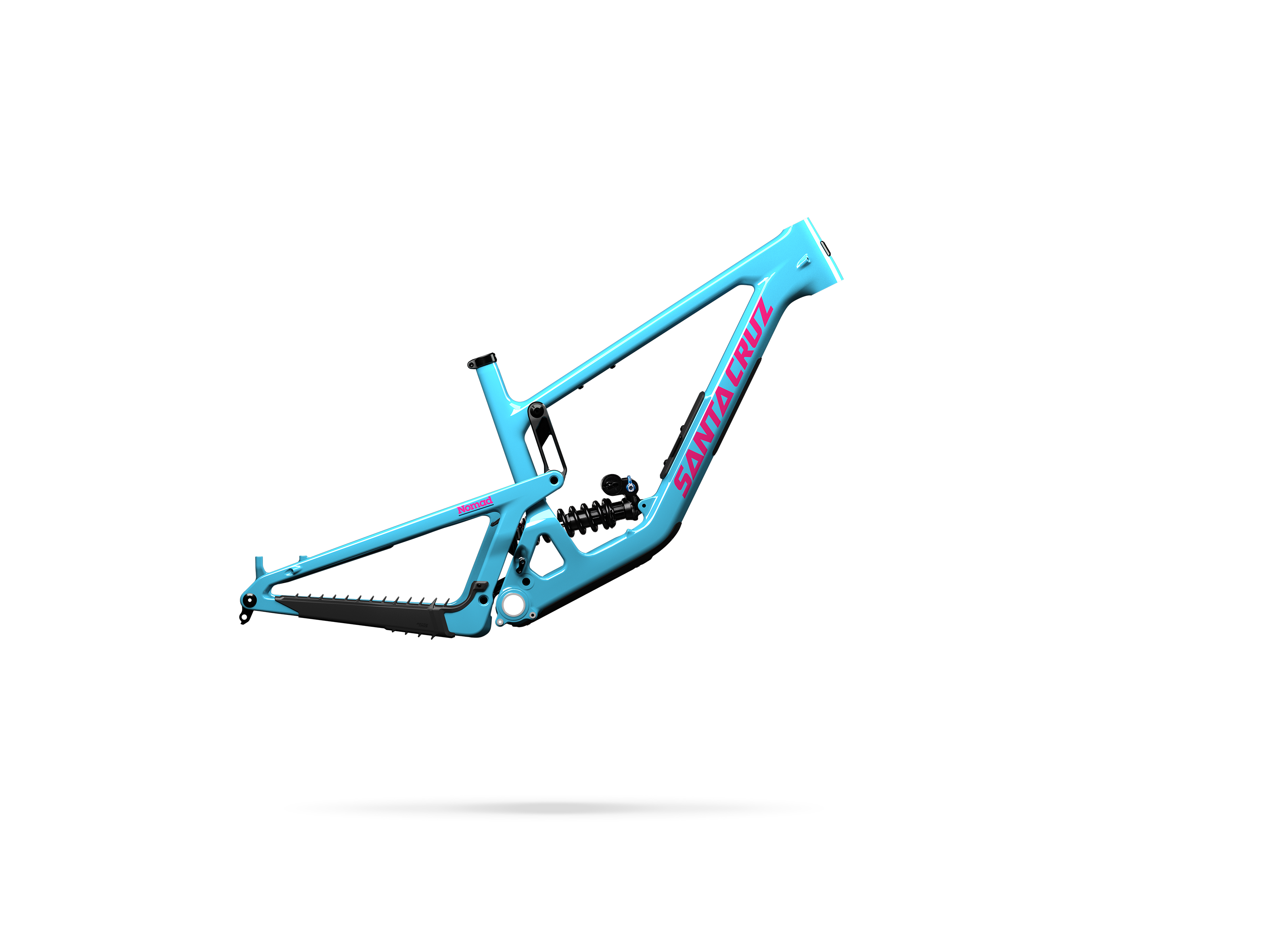 Blue mountain bike frame with 'Santa Cruz' branding on a white background