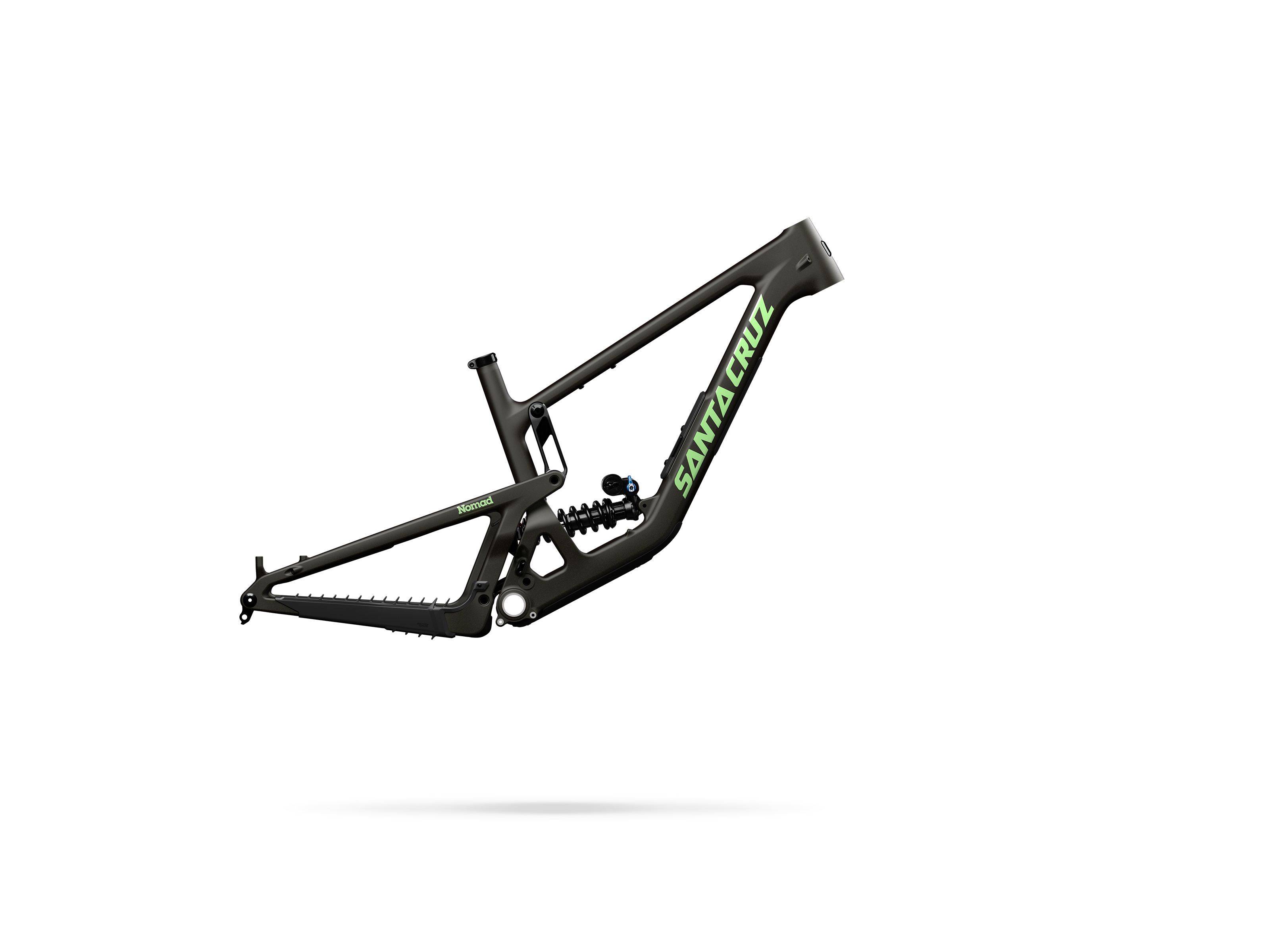 Black bicycle frame with 'Santa Cruz' branding on a white background
