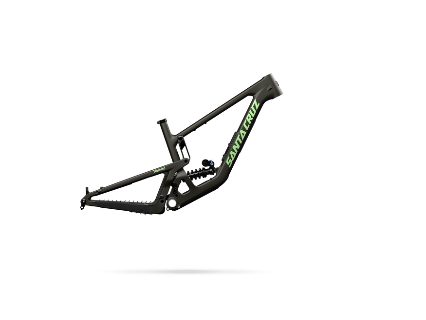 Black bicycle frame with 'Santa Cruz' branding on a white background