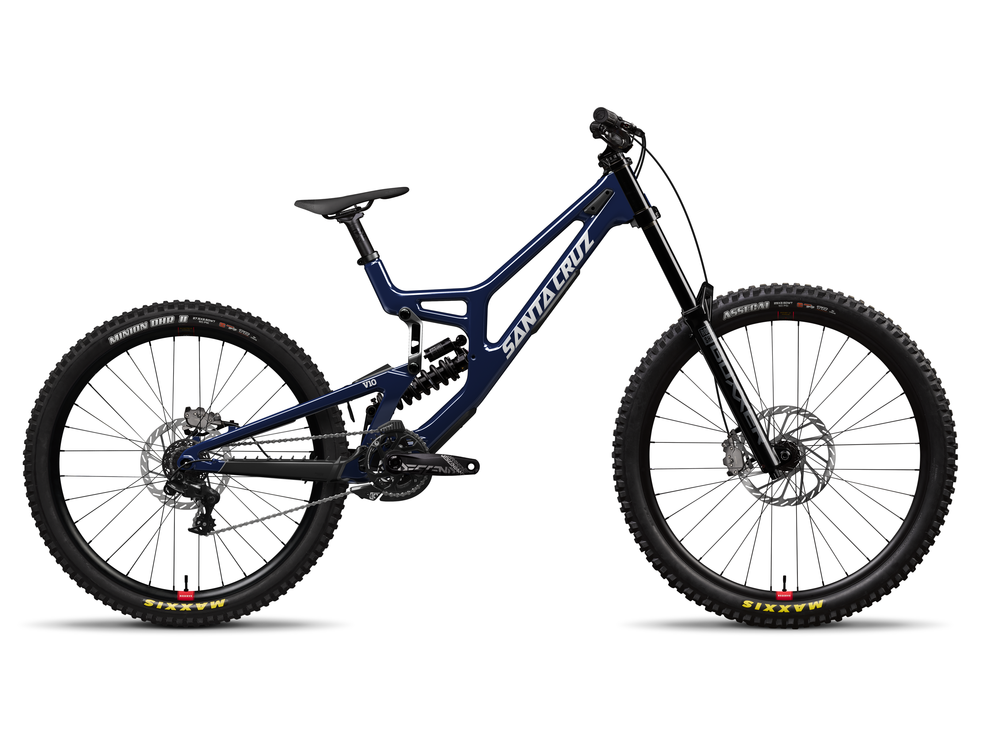 Blue mountain bike with 'Santa Cruz' branding on a white background