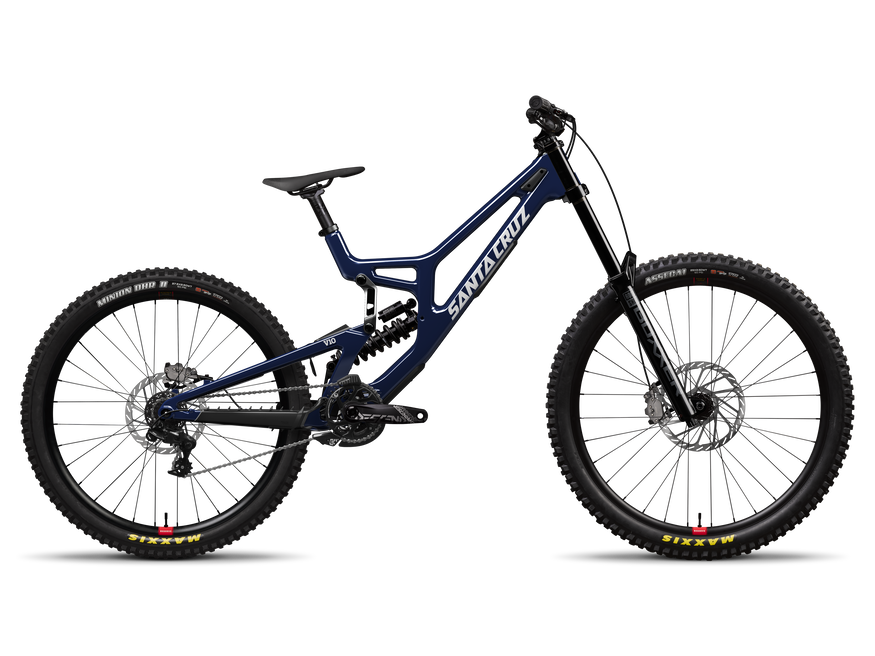 Blue mountain bike with 'Santa Cruz' branding on a white background