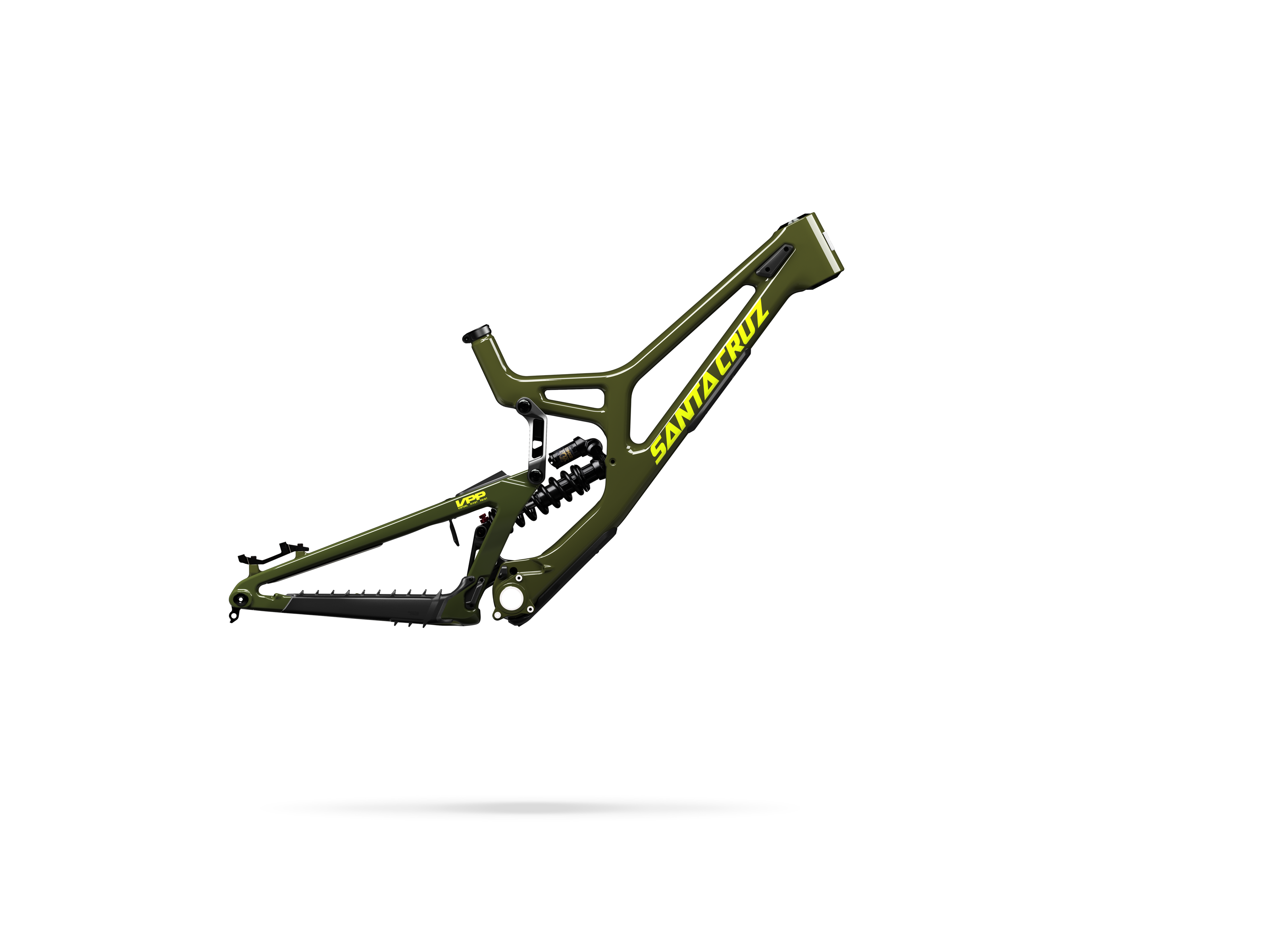 Green bicycle frame with 'Santa Cruz' branding on a white background