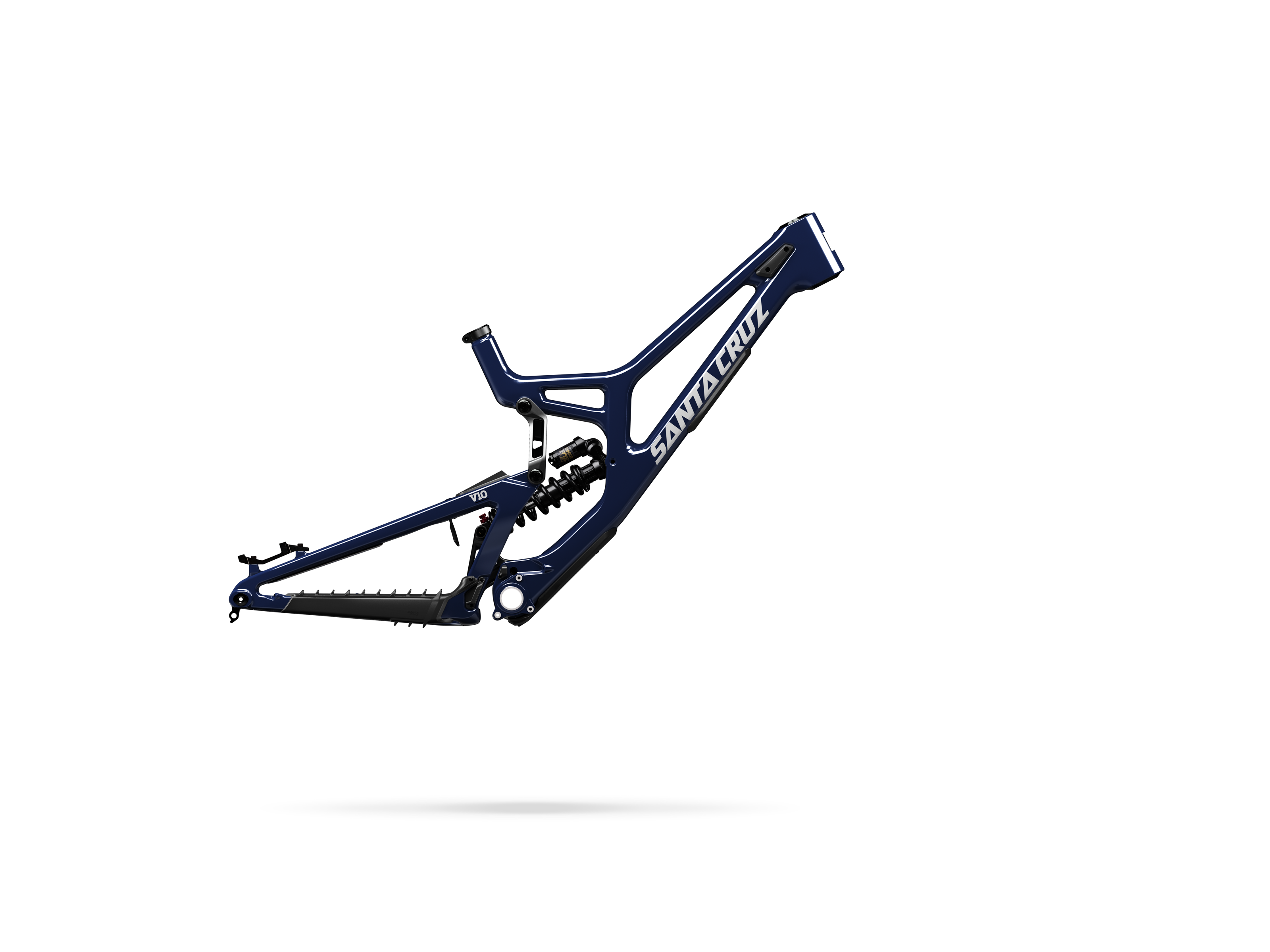 Blue bicycle frame with 'Santa Cruz' branding on a white background