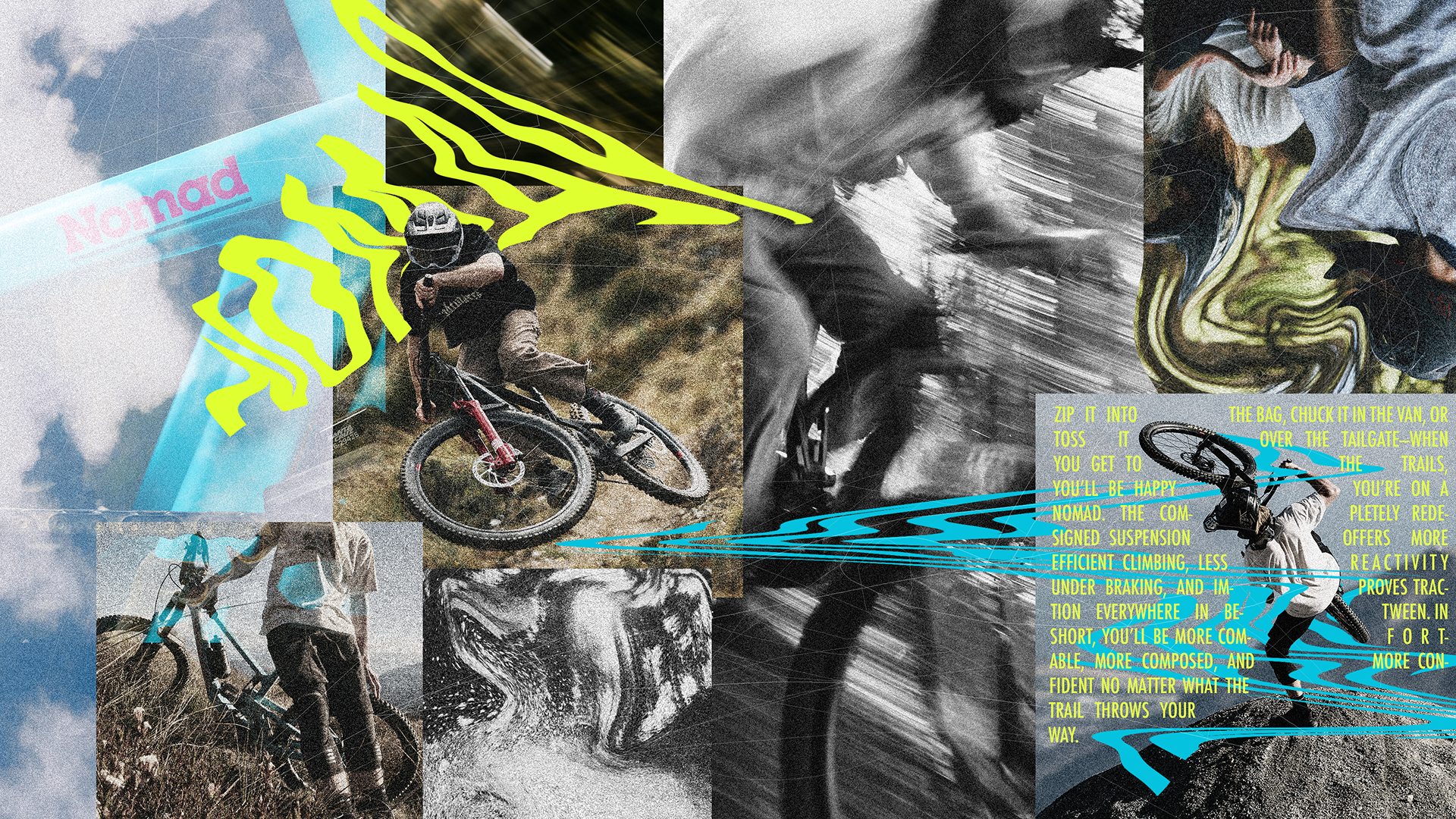 Collage of mountain biking images with text and brand logos.
