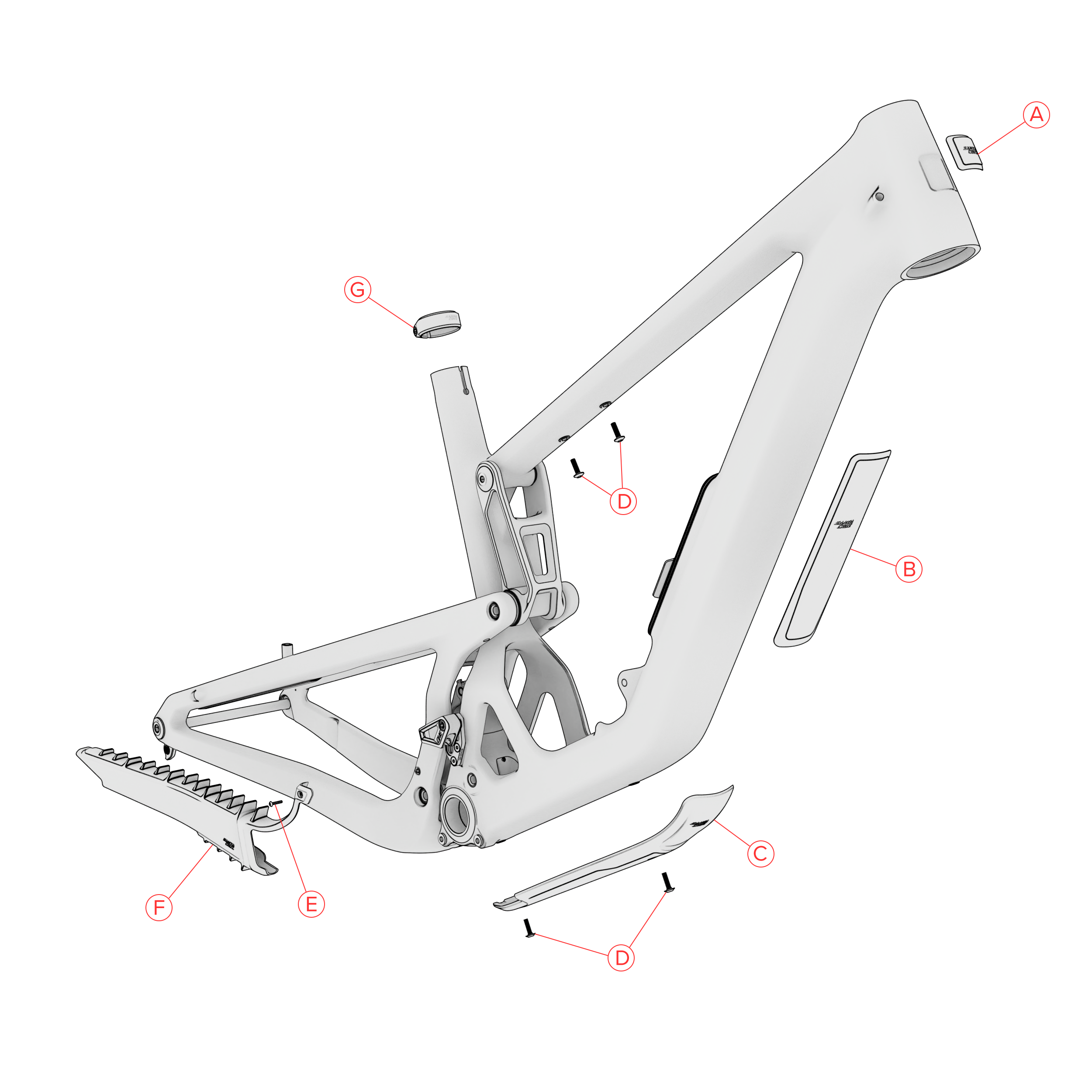 Bicycle frame with labeled parts on a white background