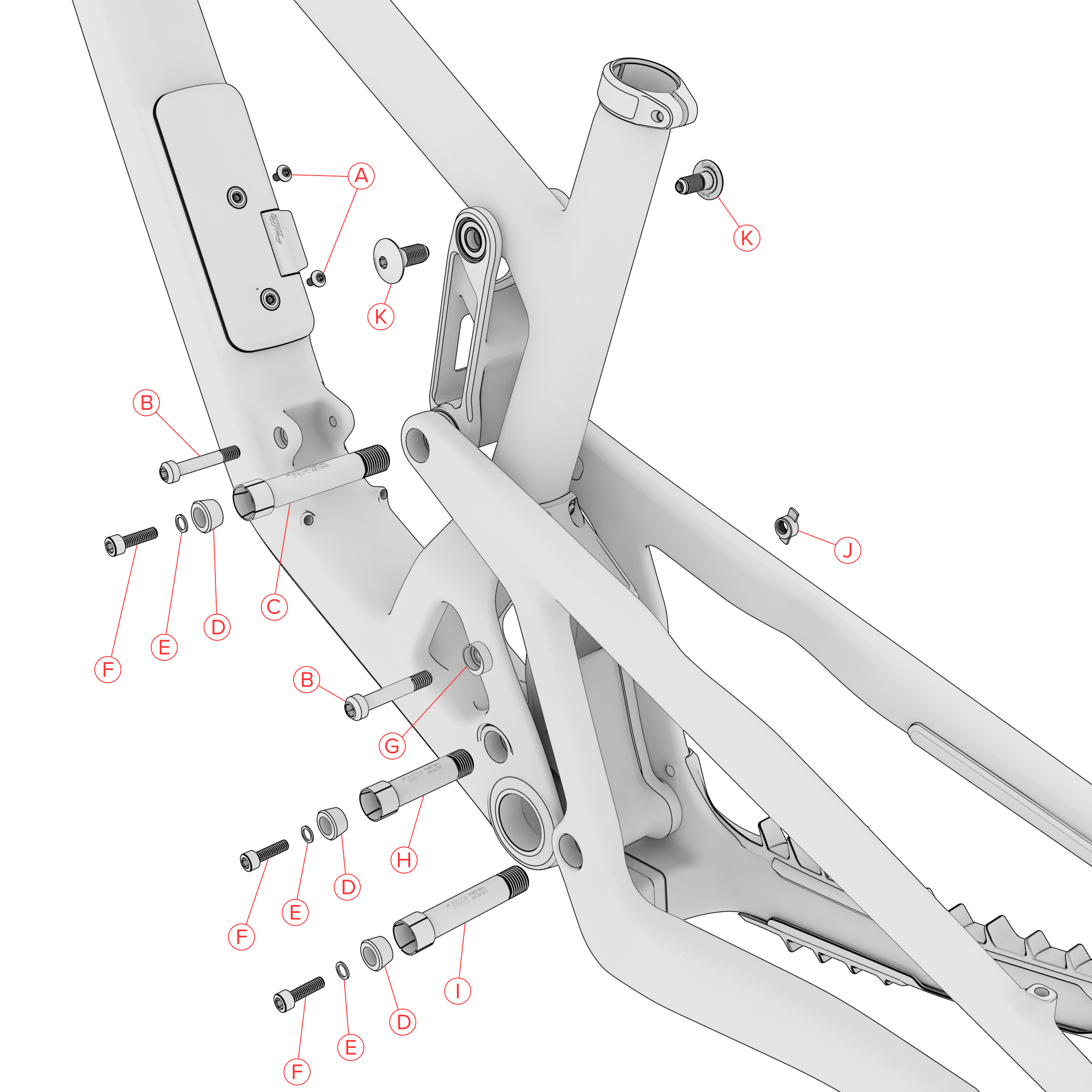 Bicycle frame with labeled parts on a white background