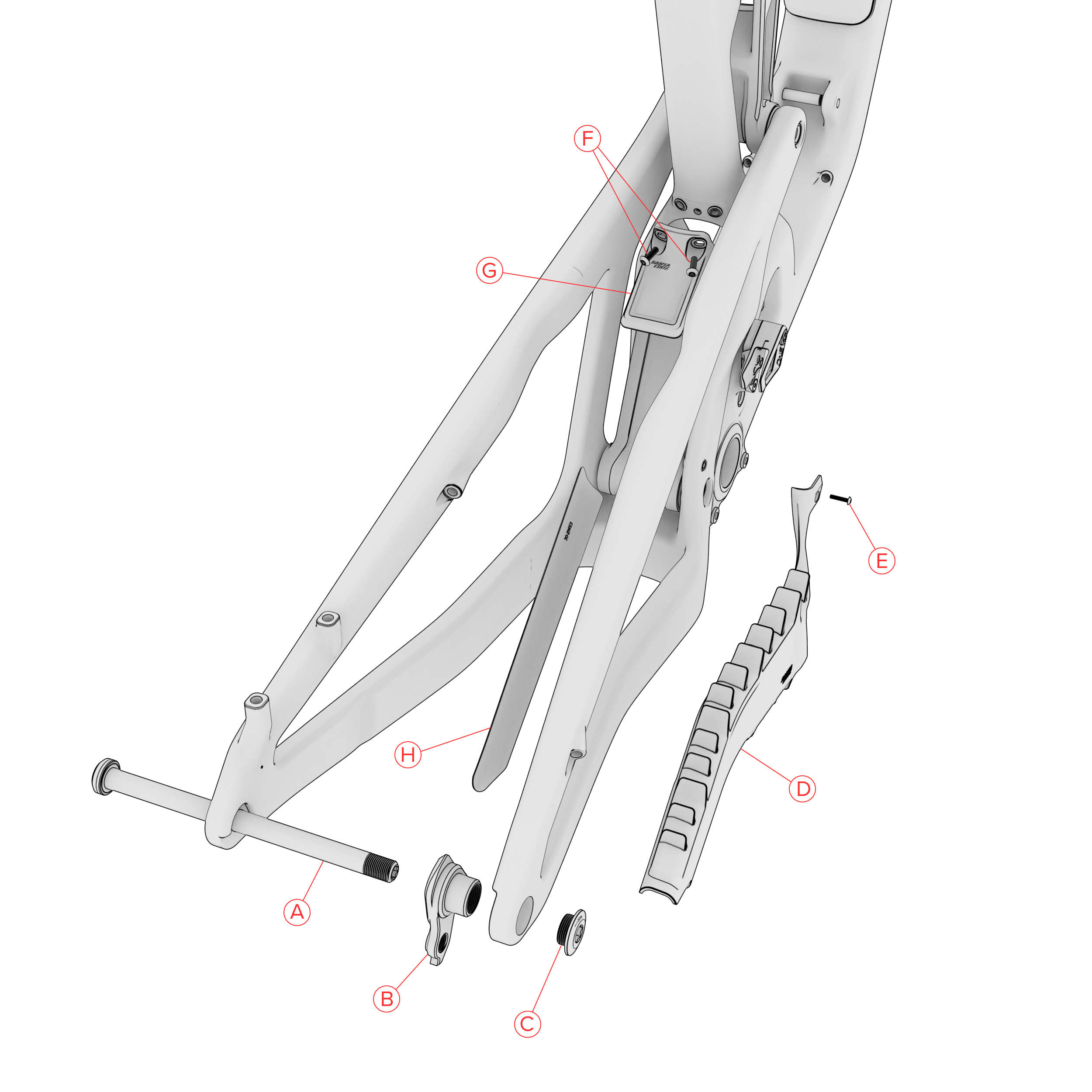 Technical diagram of a bicycle frame with labeled parts on a white background
