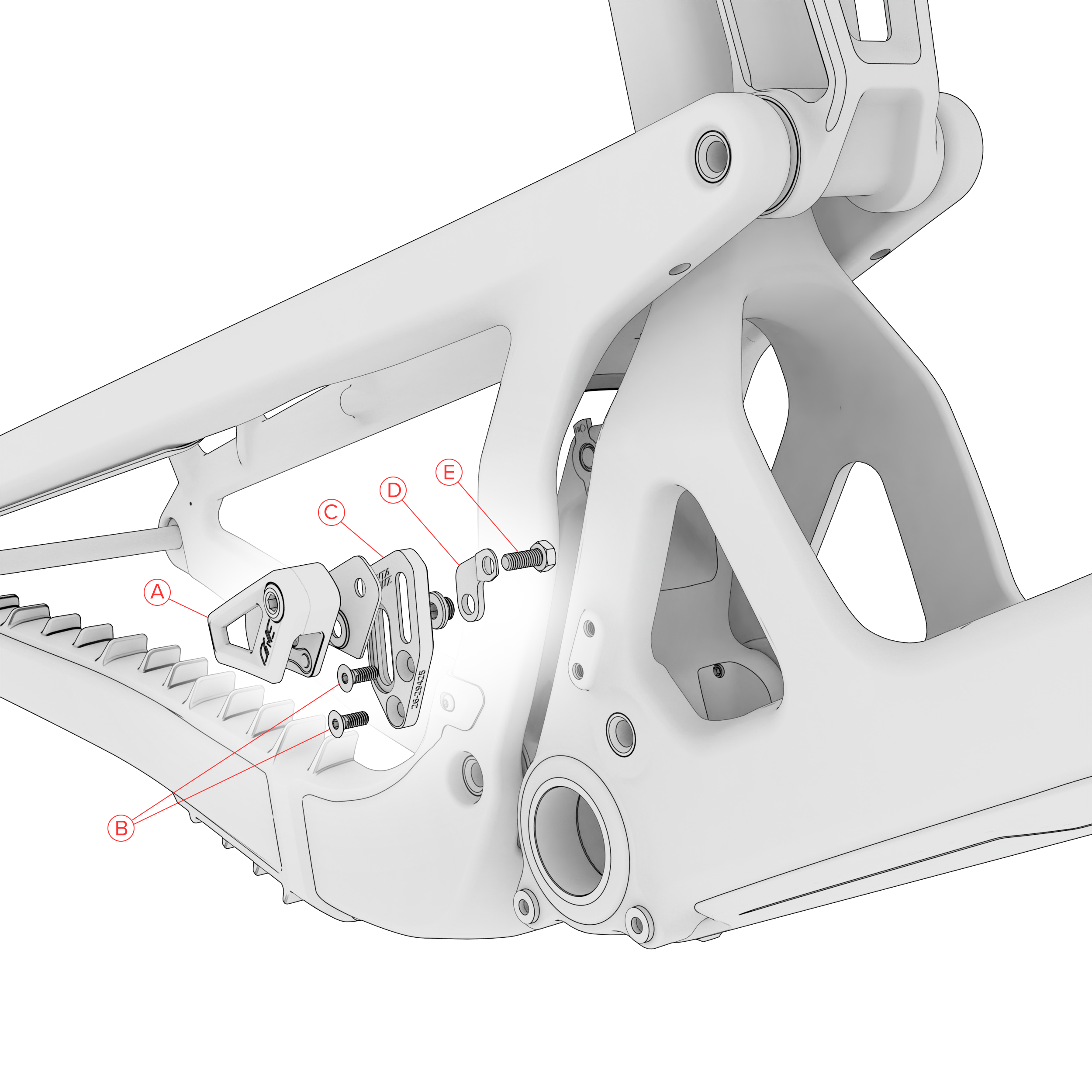 Technical diagram of a bicycle frame with labeled components on a white background