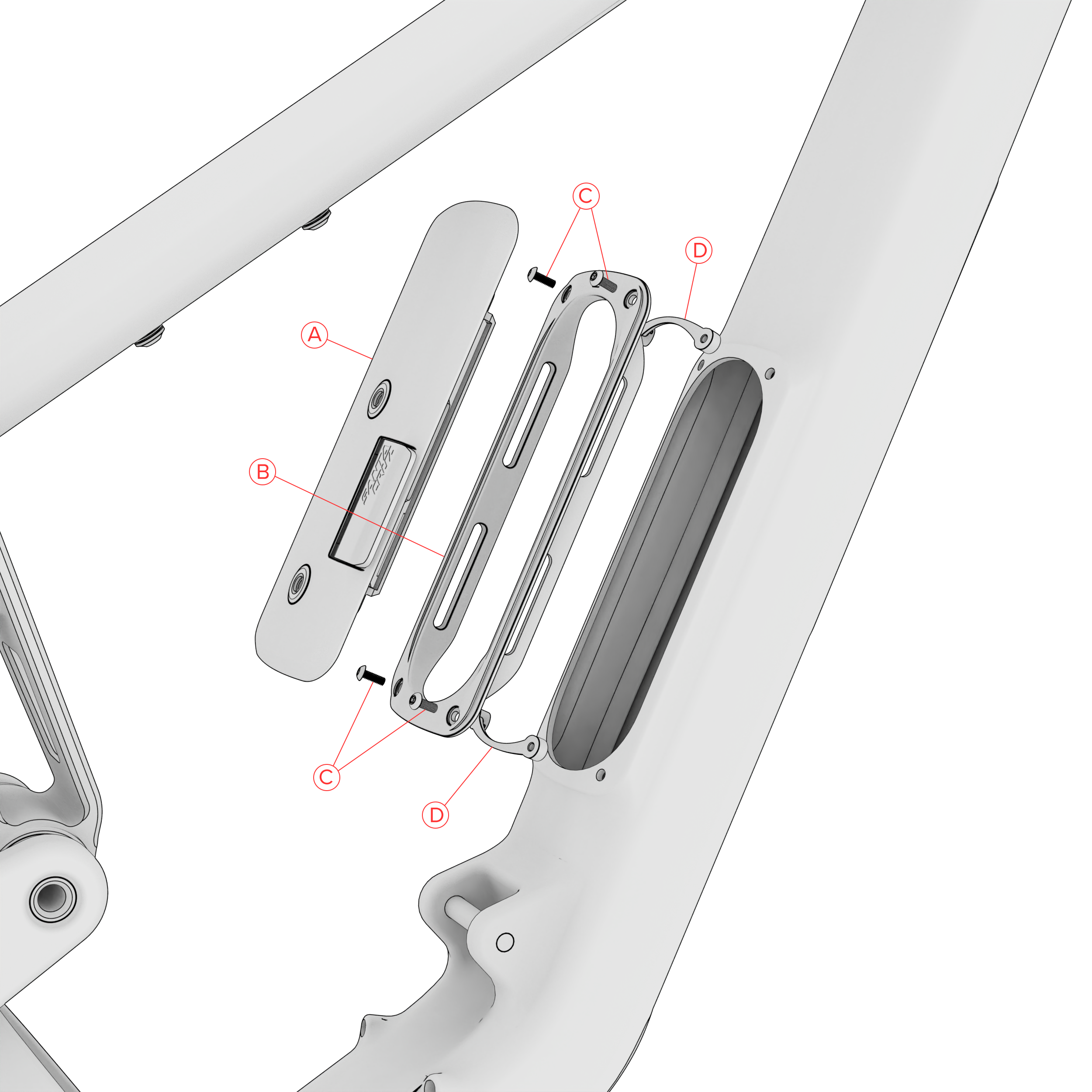 Close-up of a bicycle frame with labeled components on a white background