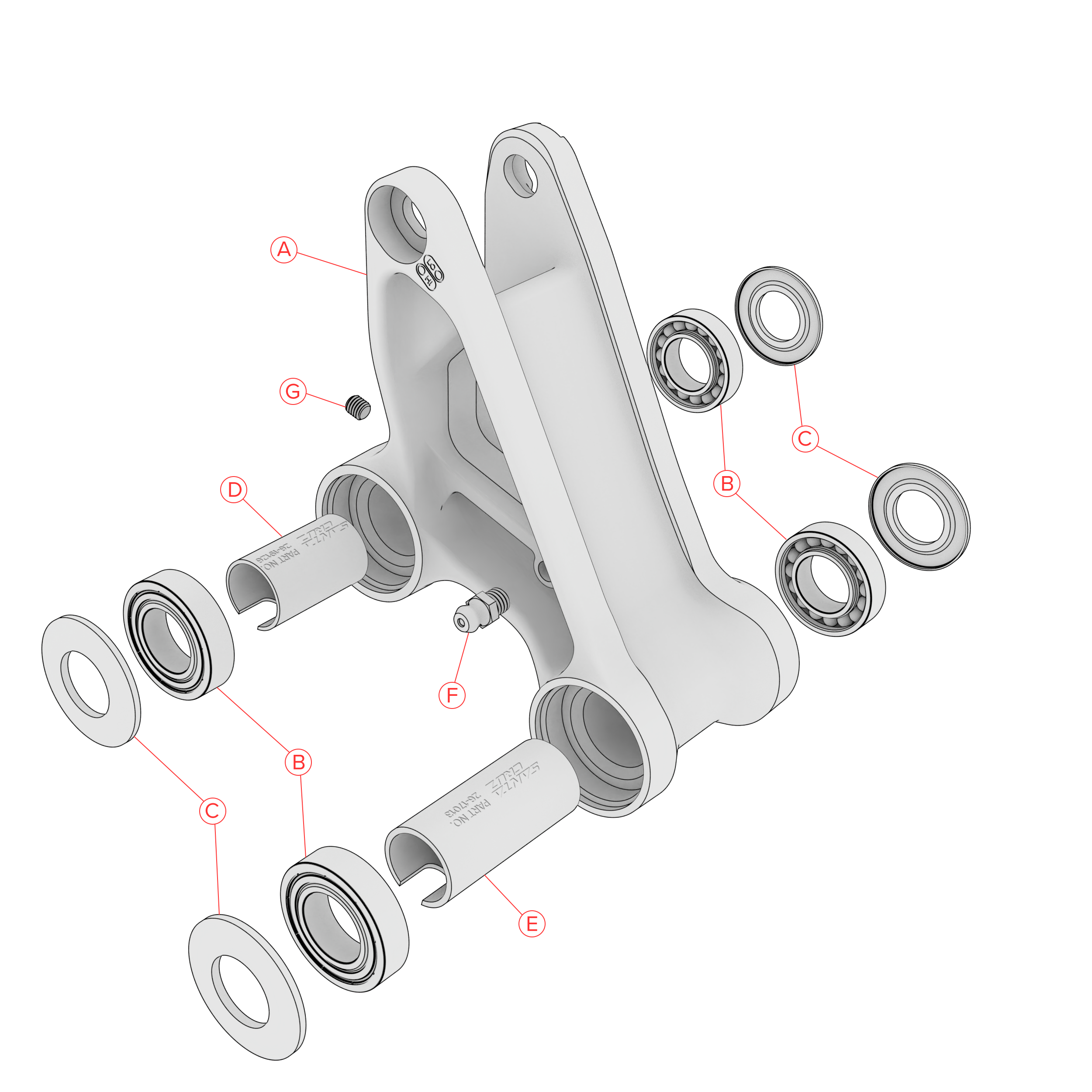 Mechanical assembly diagram of a bicycle crankset with labeled parts on a white background